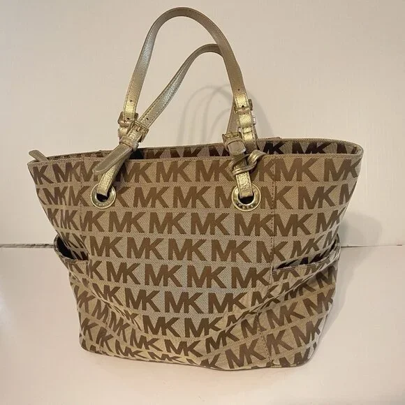 Michael Kors Jet Set Signature Logo Tote Handbag Large Brown Side Pockets - Picture 4 of 16